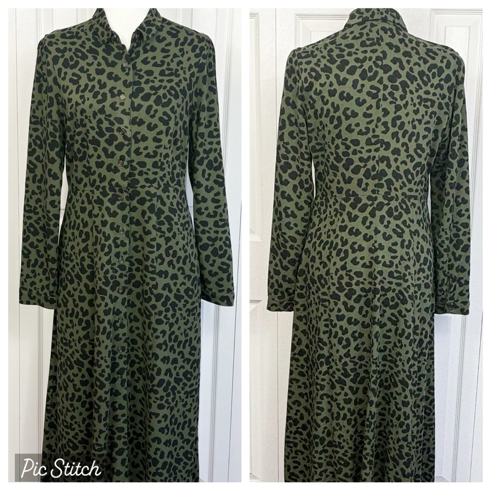 Chadwicks Green & Black Leopard Animal Print Button Down Shirt Dress 8P